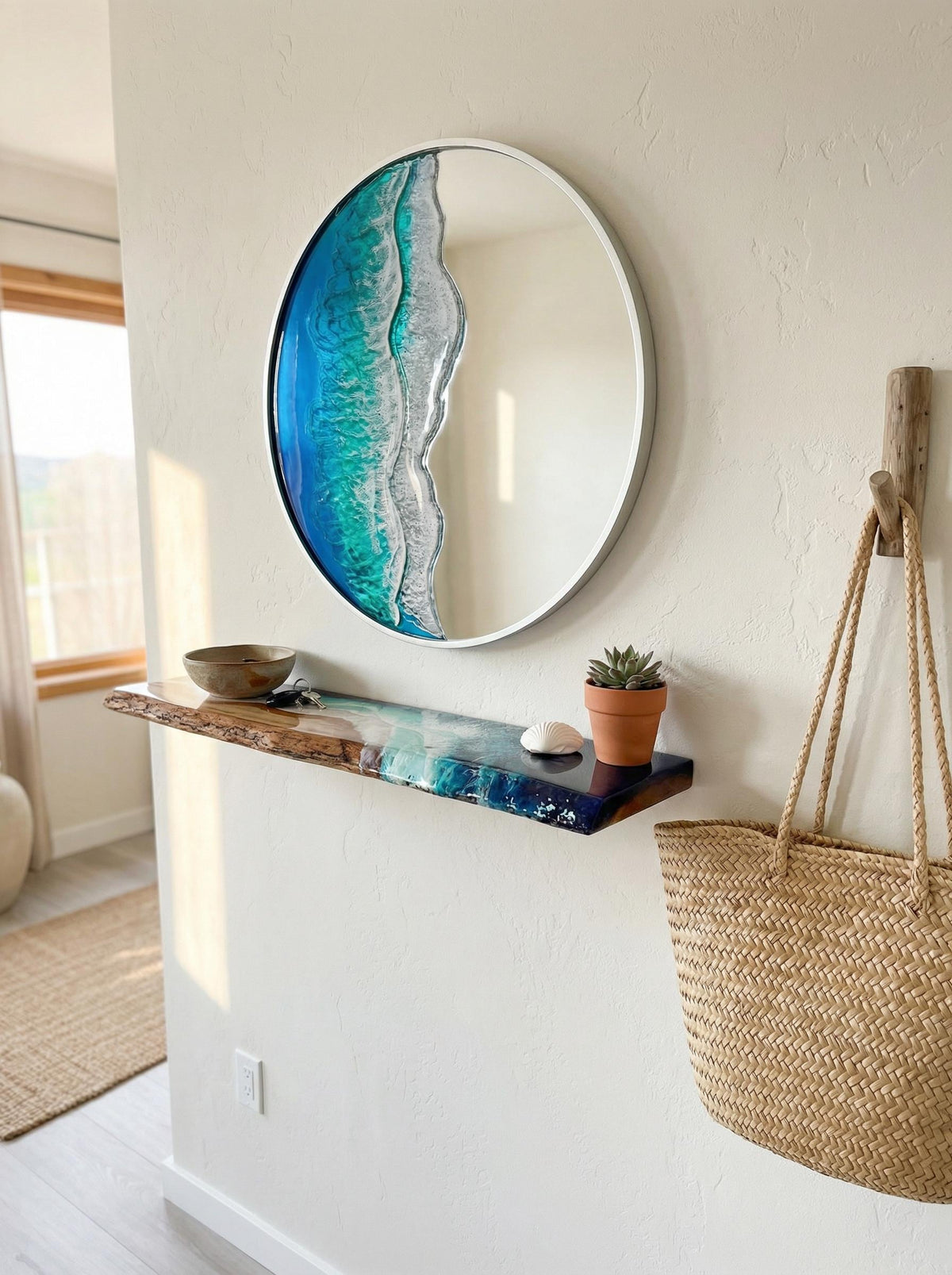 50cm Silver Frame Resin Wave Mirror, Coastal Ocean Wall Mirror, Turquoise Blue Beach House Decor, Round Sea Mirror, Handmade Resin Art