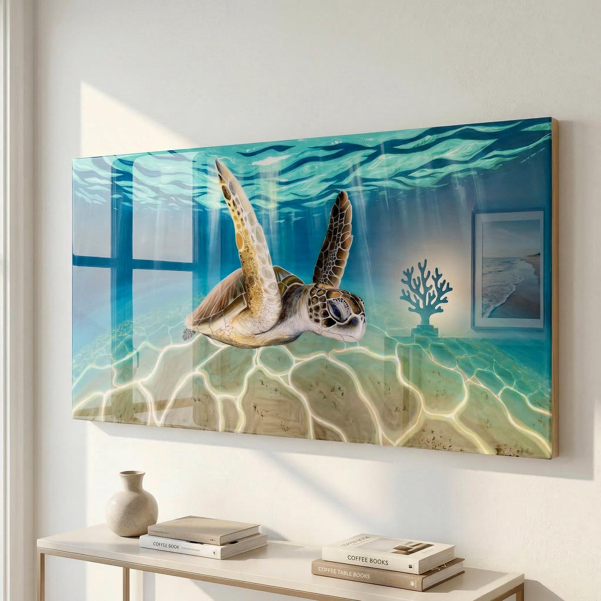 Ready to Ship Original Ocean Artwork, Resin Ocean Turtle Art: Handmade Underwater Sea Turtle Painting on Wood (120x60 cm)