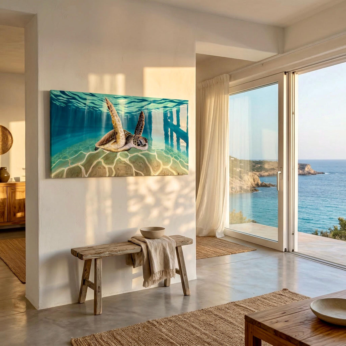 Ready to Ship Original Ocean Artwork, Resin Ocean Turtle Art: Handmade Underwater Sea Turtle Painting on Wood (120x60 cm)
