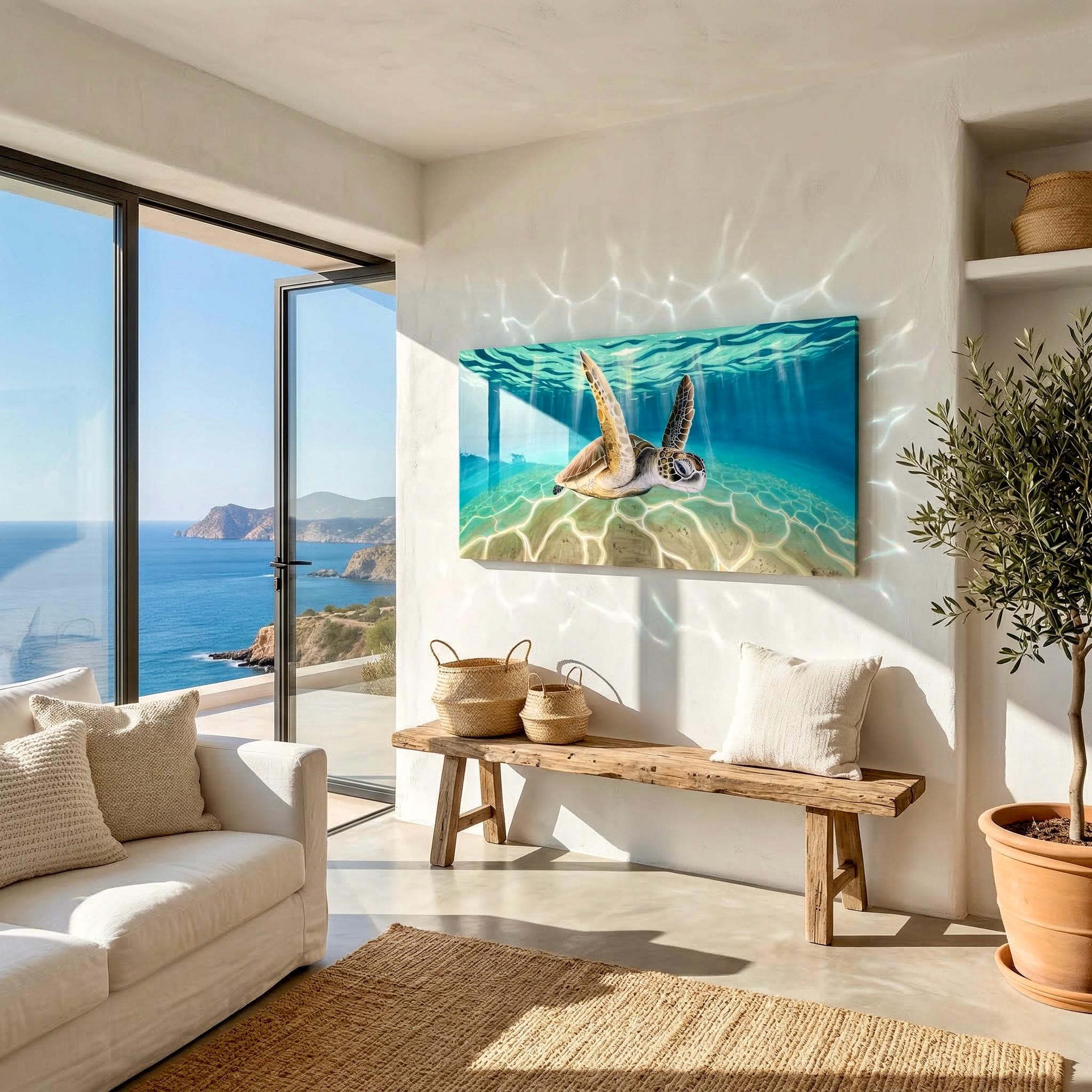 Ready to Ship Original Ocean Artwork, Resin Ocean Turtle Art: Handmade Underwater Sea Turtle Painting on Wood (120x60 cm)