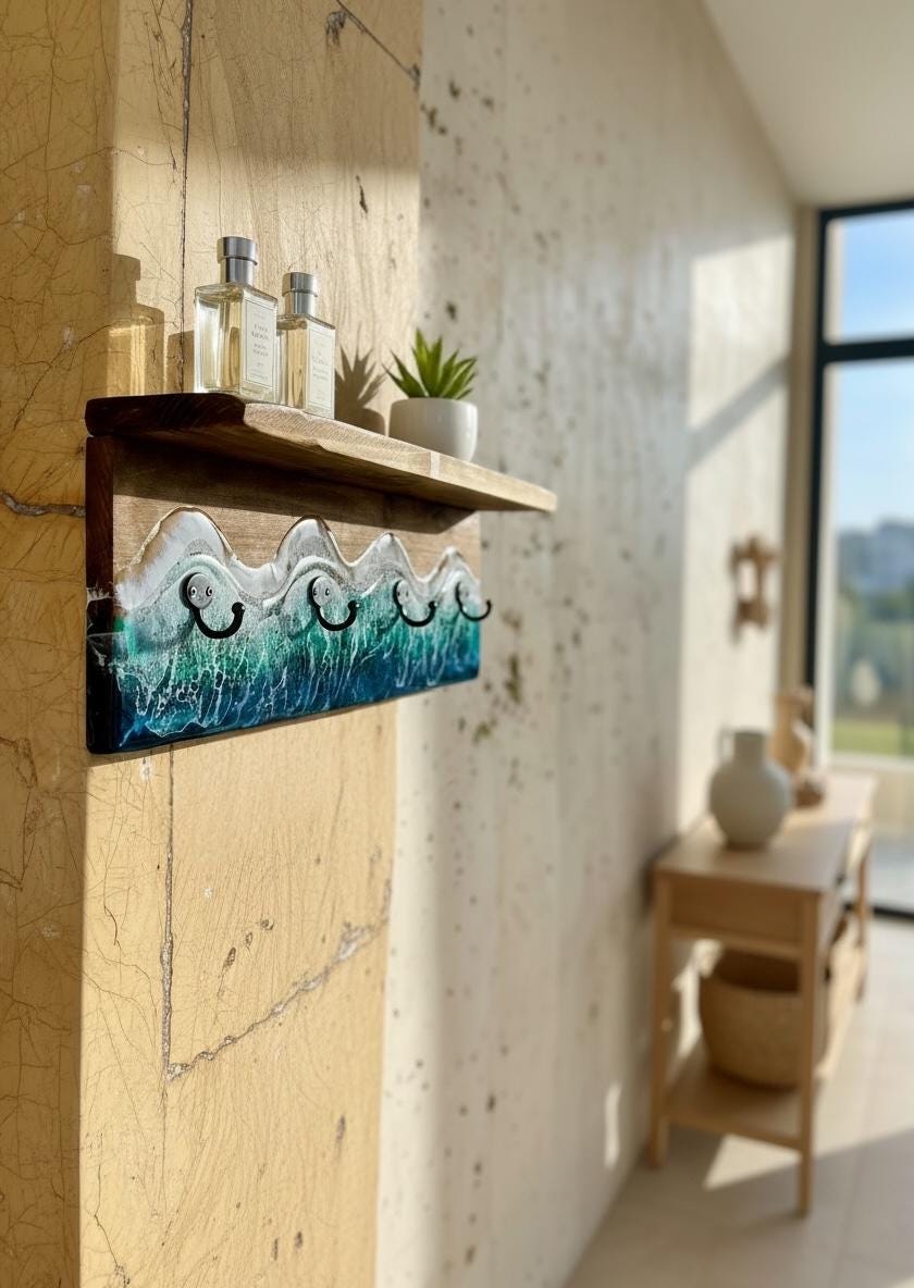 Handmade Resin Coat Rack – Coastal Wall Hook Rack with 3, 4 or 5 Hooks | Ocean-Inspired Entryway Organizer | Functional Resin Art