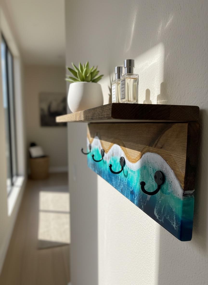 Handmade Resin Coat Rack – Coastal Wall Hook Rack with 3, 4 or 5 Hooks | Ocean-Inspired Entryway Organizer | Functional Resin Art