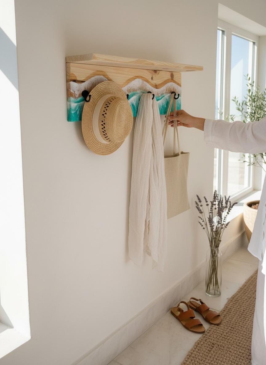 Handmade Resin Coat Rack – Coastal Wall Hook Rack with 3, 4 or 5 Hooks | Ocean-Inspired Entryway Organizer | Functional Resin Art