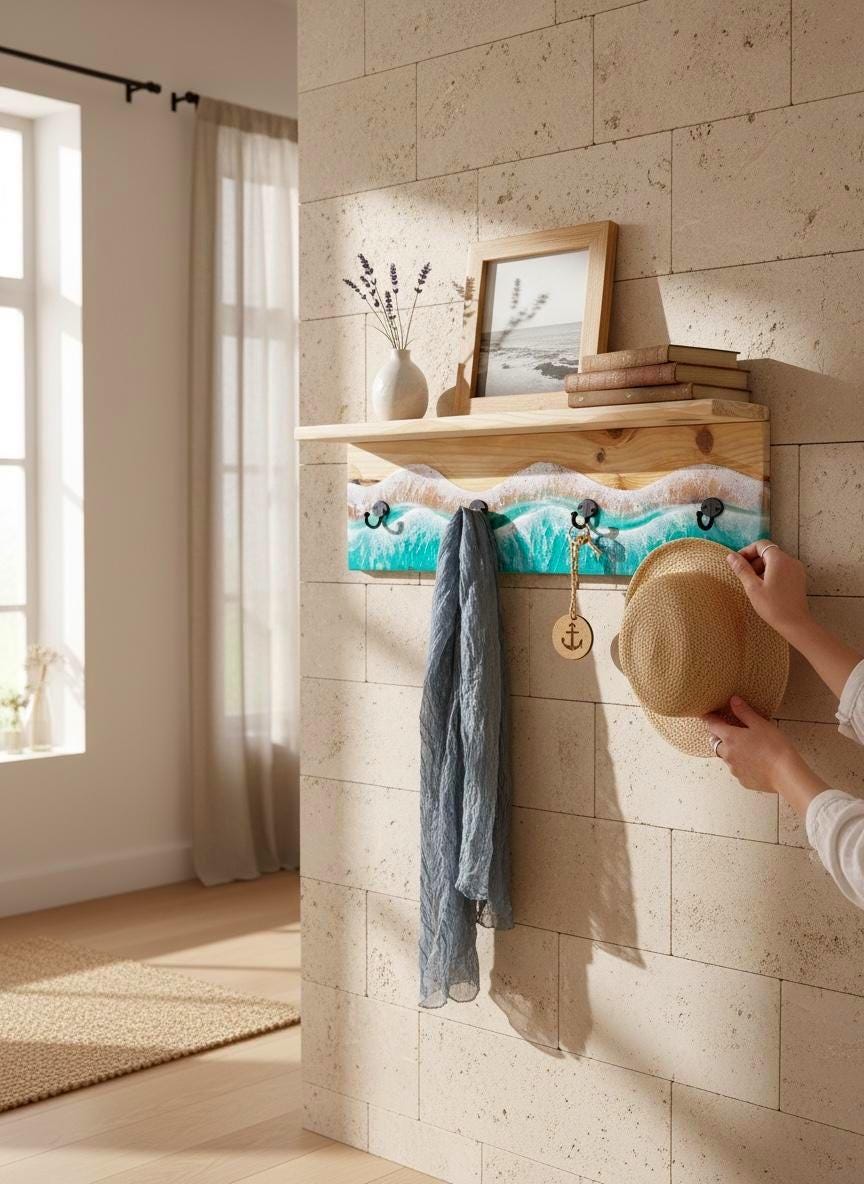 Handmade Resin Coat Rack – Coastal Wall Hook Rack with 3, 4 or 5 Hooks | Ocean-Inspired Entryway Organizer | Functional Resin Art