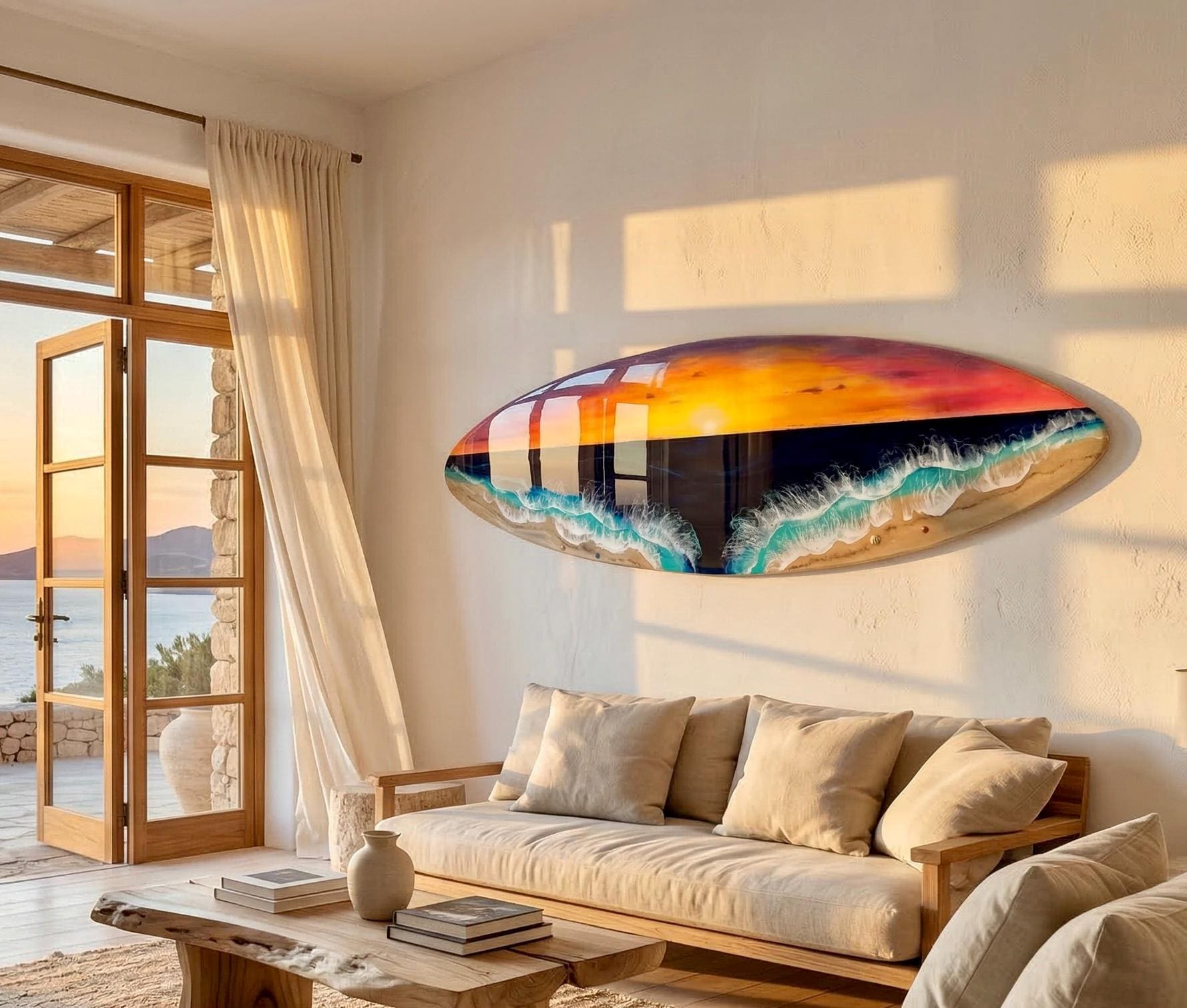 Luxury Resin Surfboard Wall Art – Sunset Ocean Statement Piece – Handmade Coastal Art Decor – Large Surfboard Wall Sculpture – Beach House