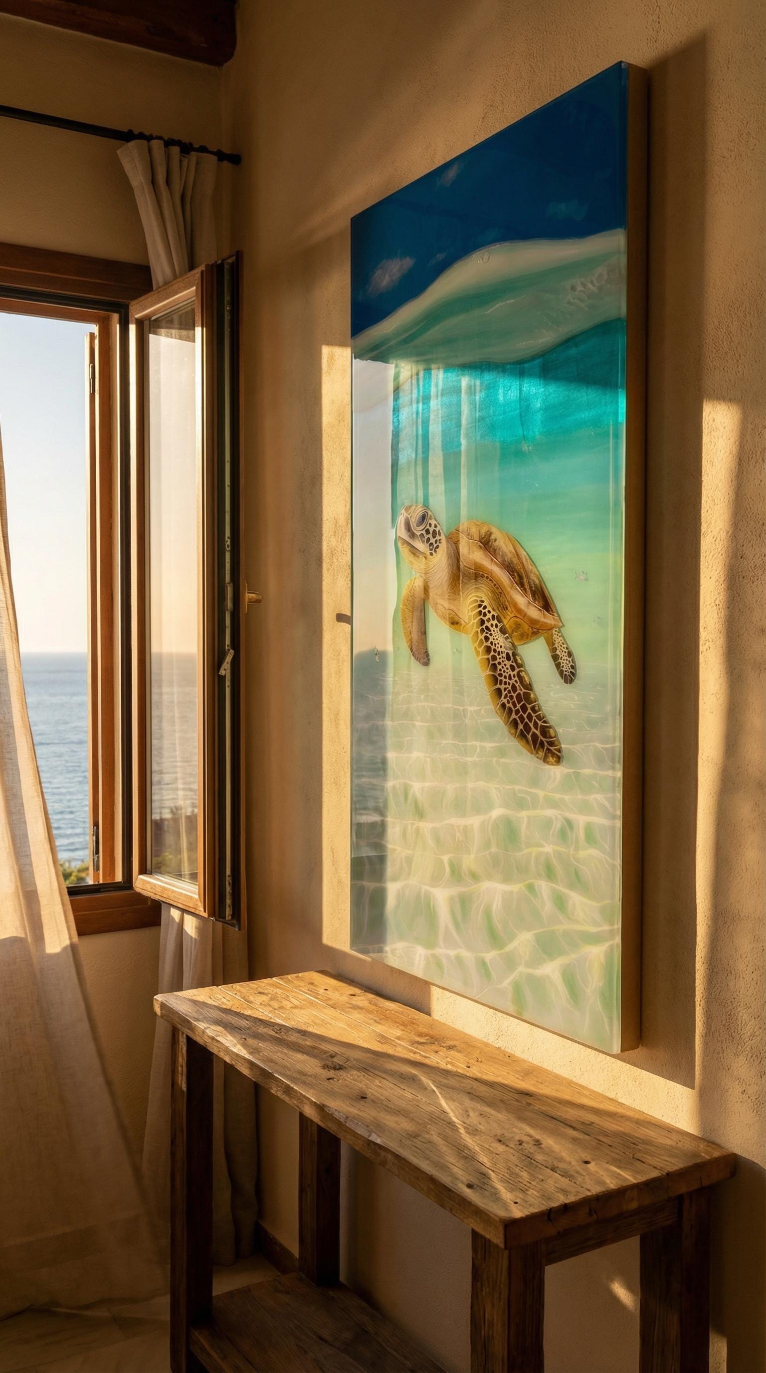 Large Sea Turtle Resin Painting: Coastal Ocean Art with Rope Frame (120x60cm), Ready to Ship