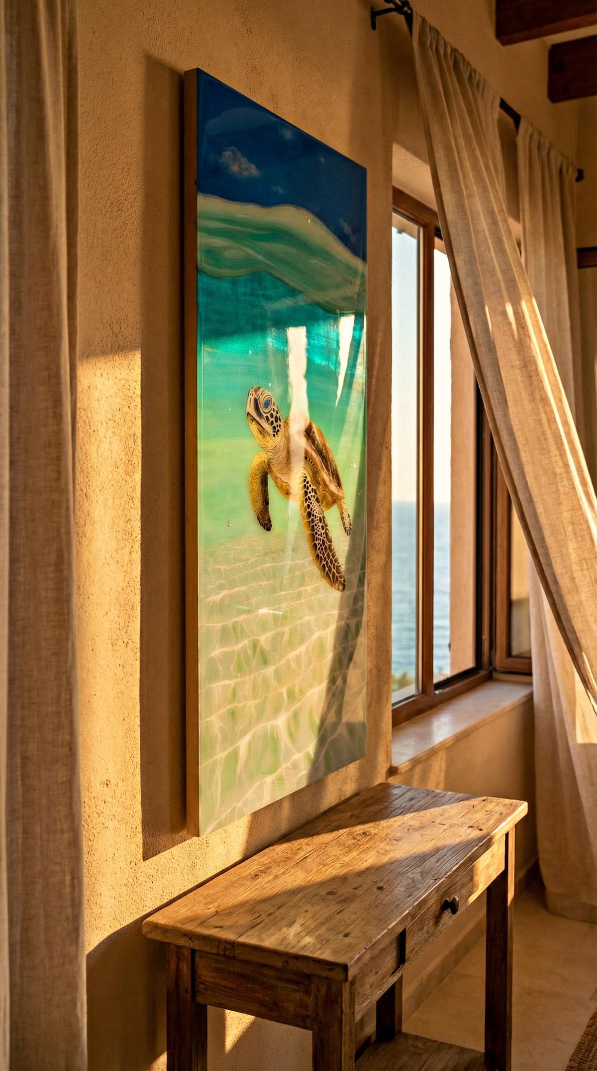 Large Sea Turtle Resin Painting: Coastal Ocean Art with Rope Frame (120x60cm), Ready to Ship