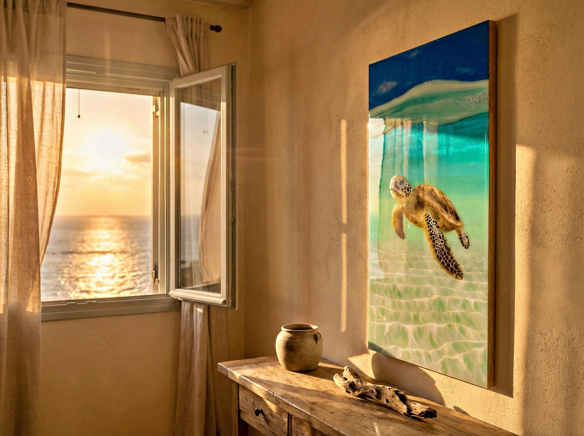 Large Sea Turtle Resin Painting: Coastal Ocean Art with Rope Frame (120x60cm), Ready to Ship
