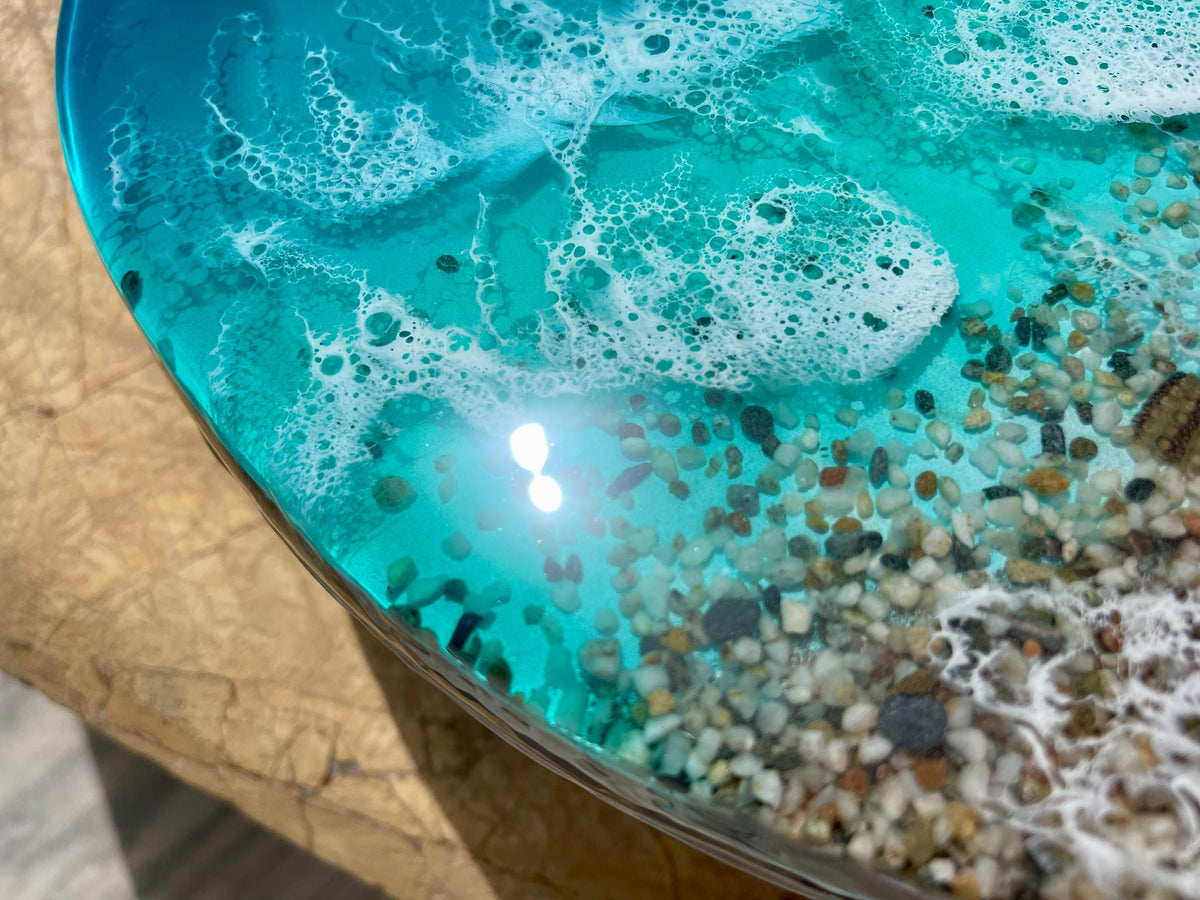 Large Ocean Resin Wall Art 60cm | 3D Coastal Statement Piece with Real Pebbles | Luxury Handmade Sea Artwork | Round Beach Wall Decor