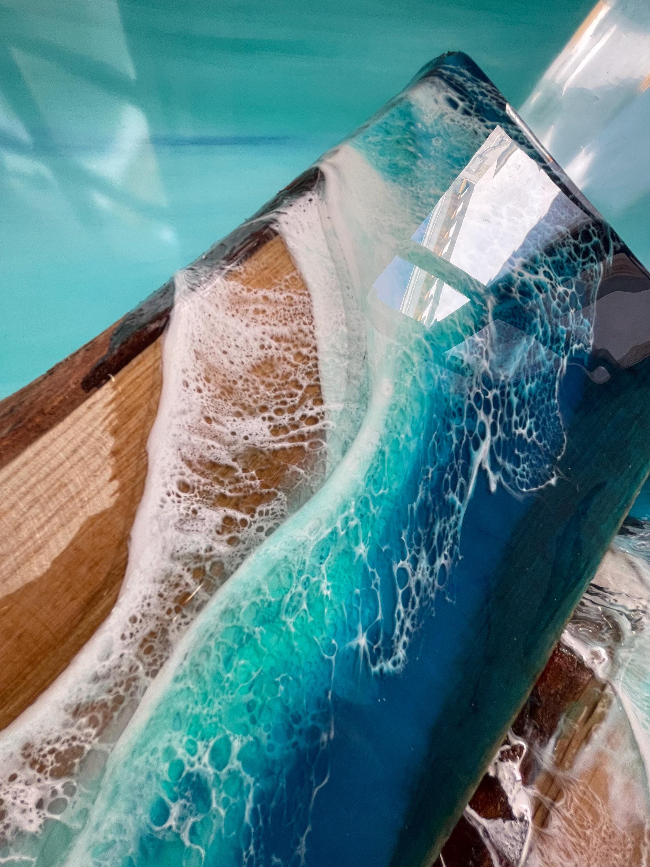 Handmade Oak Floating Shelf with Turquoise Resin Ocean Waves (60 cm)