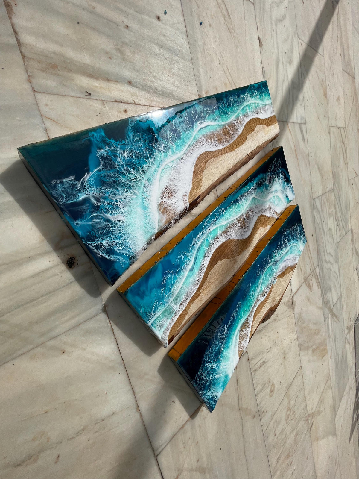 Set of 2 Real Oak Resin Ocean Floating Shelves 60cm | Coffee Station Shelf with Mug Rack | Handmade Coastal Wall Shelves | Beach House Decor