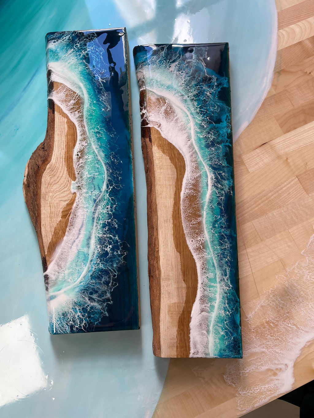 Set of 2 Real Oak Resin Ocean Floating Shelves 60cm | Coffee Station Shelf with Mug Rack | Handmade Coastal Wall Shelves | Beach House Decor