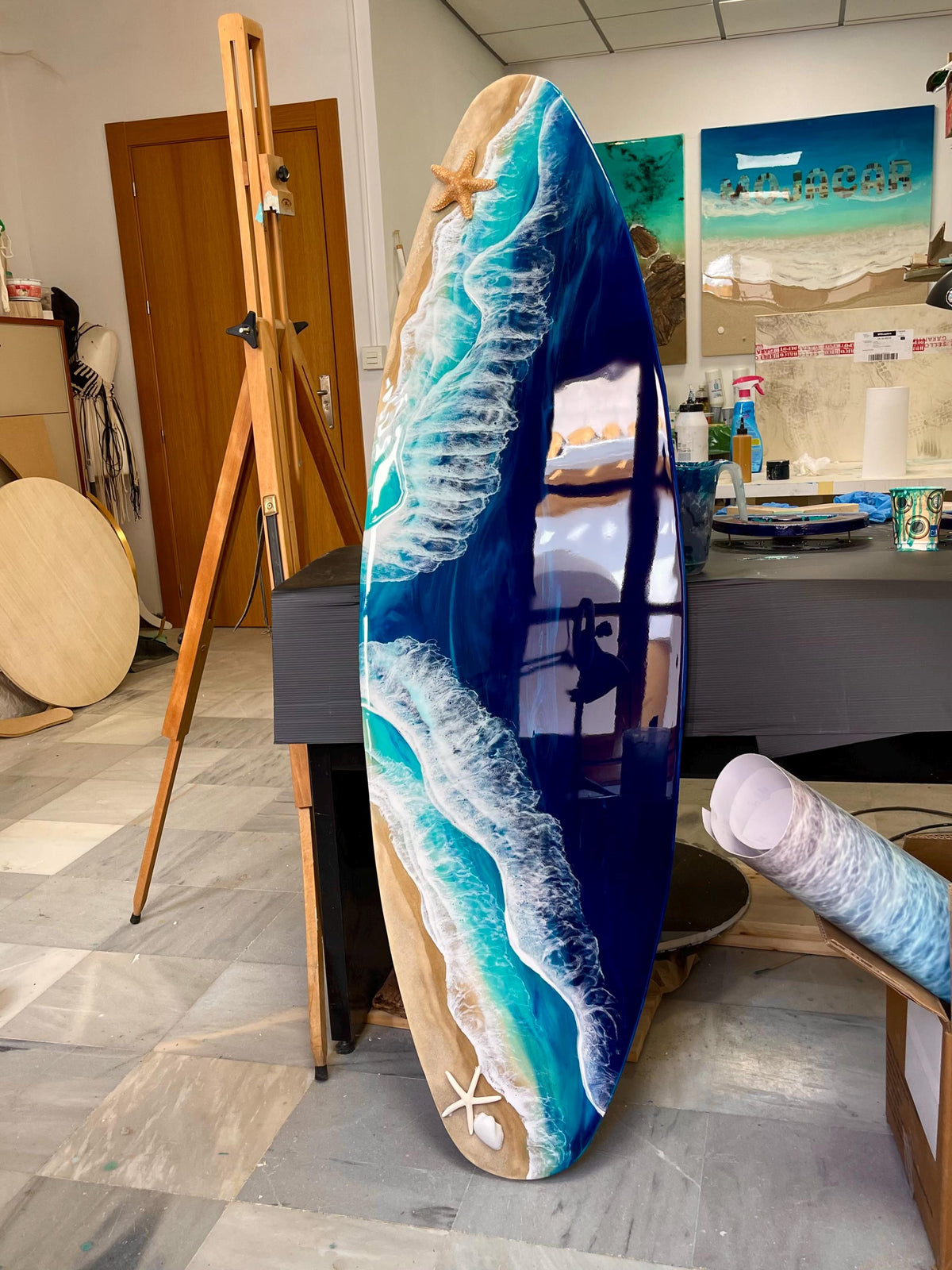 Extra Wide Resin Surfboard Wall Art | 150 cm Ocean Wave Decor | Real Coral Sand & Starfish | Handmade Coastal Resin Art on Solid Pinewood