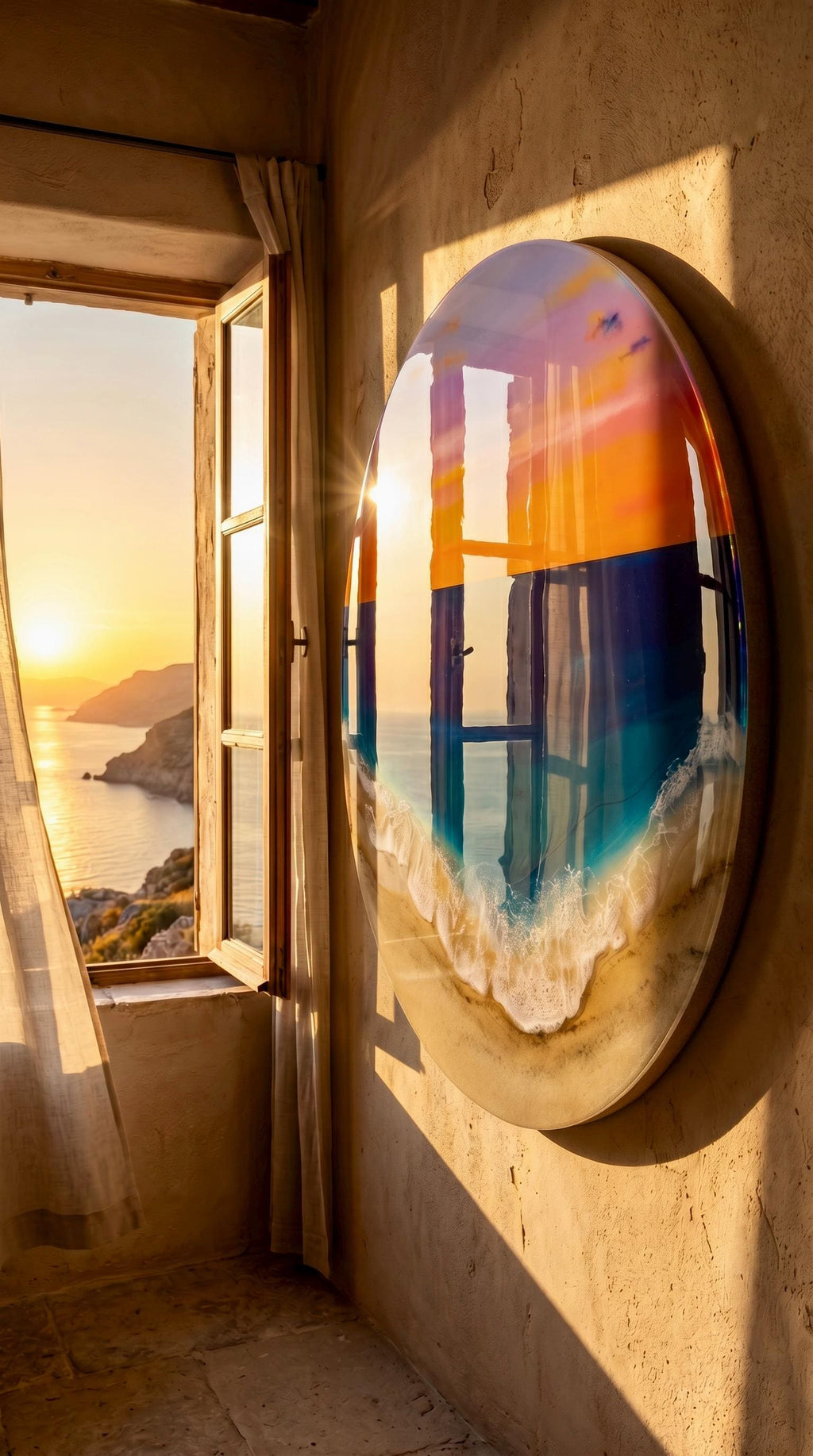 Sunset Ocean Resin Wall Art Round – 3D Coastal Beach Painting – Handmade Epoxy Wave – Statement Wall Decor 50CM