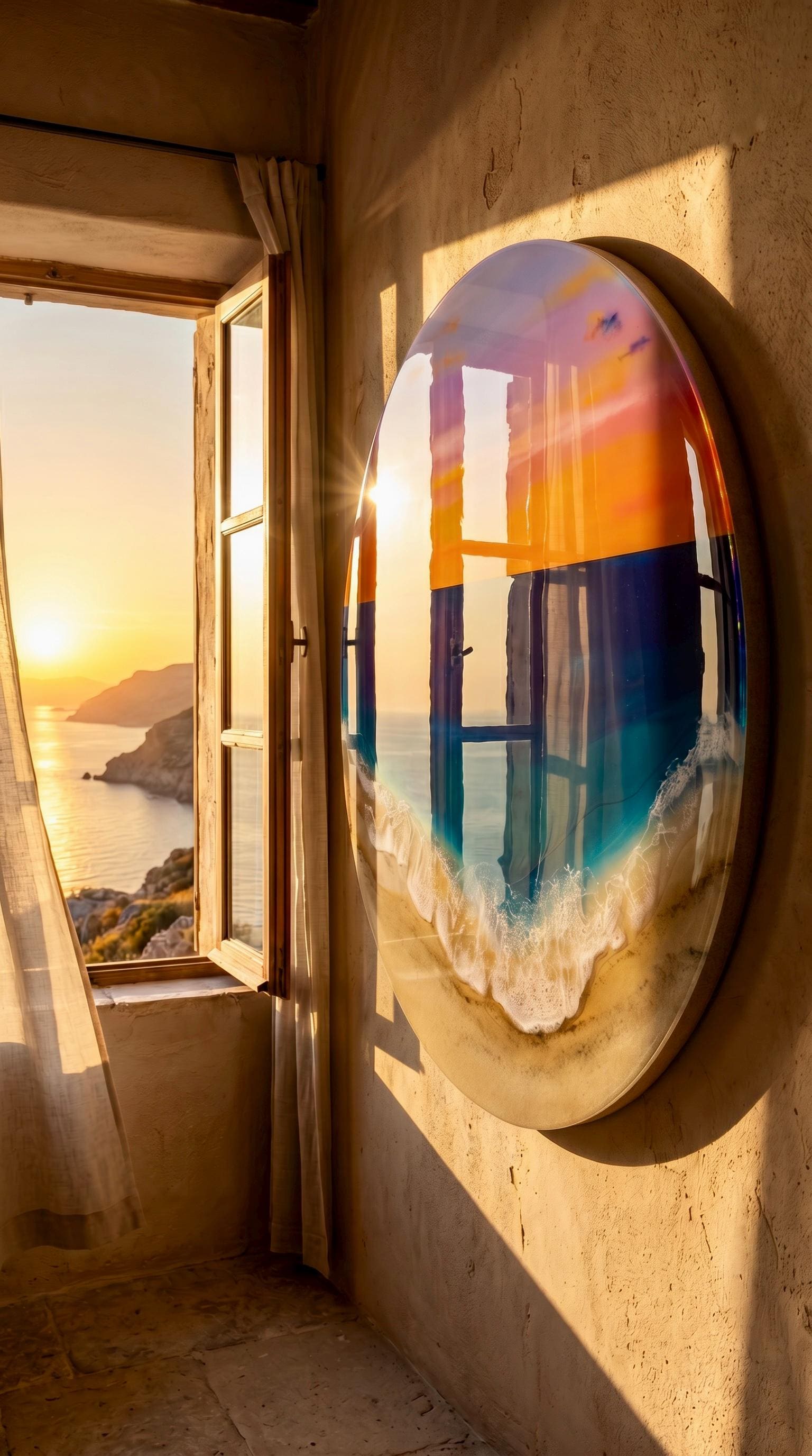 Sunset Ocean Resin Wall Art Round – 3D Coastal Beach Painting – Handmade Epoxy Wave – Statement Wall Decor 50CM
