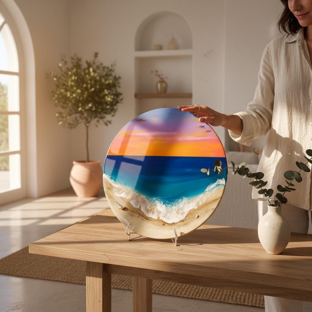 Small Sunset Ocean Resin Wall Art Round – Handmade Coastal Decor – 3D Beach Artwork – Epoxy Wave Gift 40CM