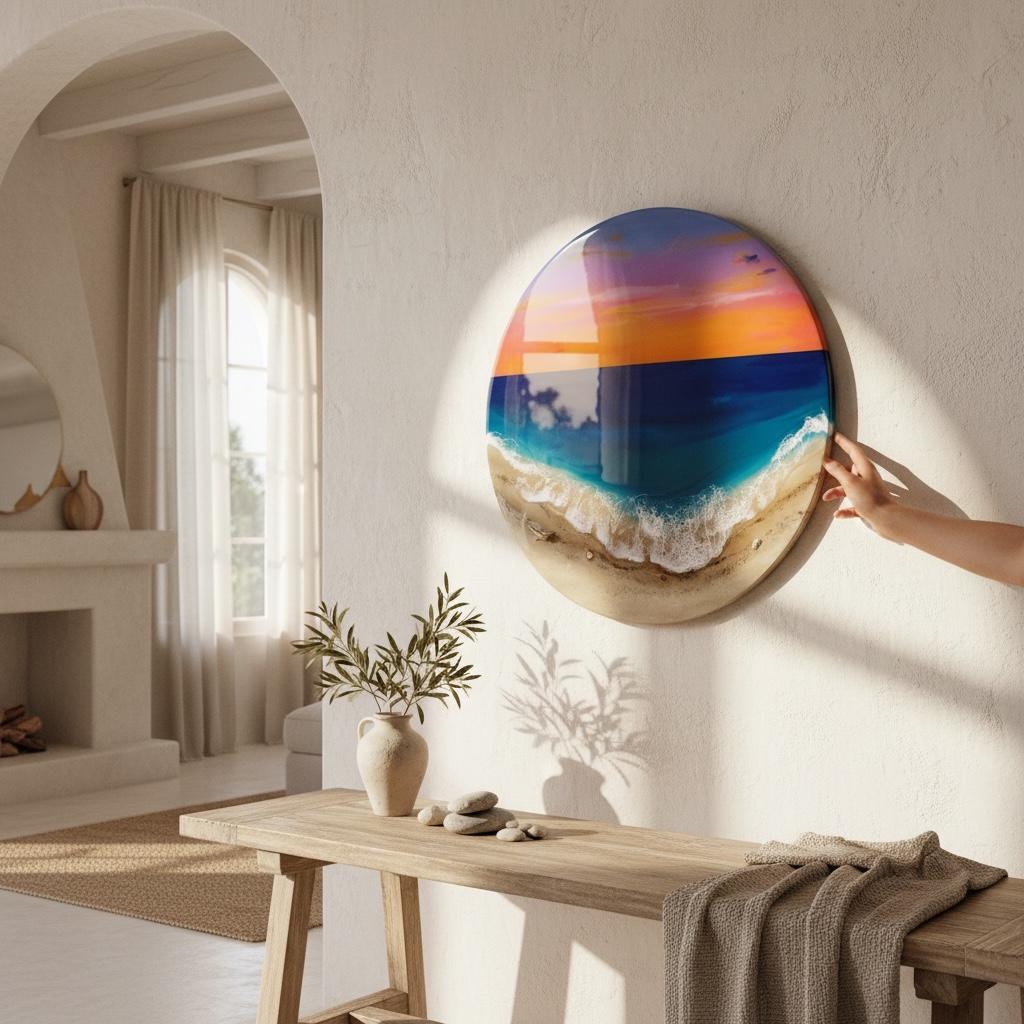 Small Sunset Ocean Resin Wall Art Round – Handmade Coastal Decor – 3D Beach Artwork – Epoxy Wave Gift 40CM