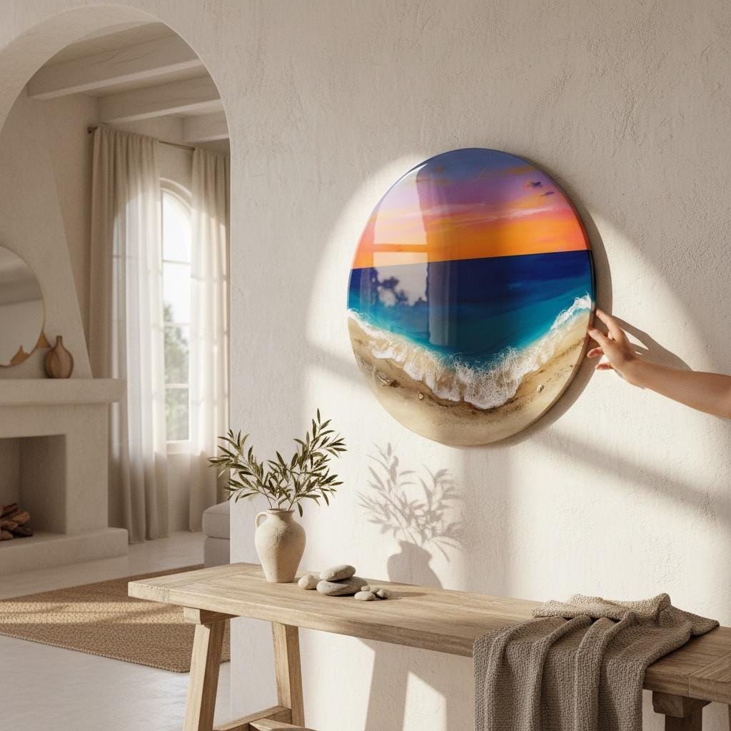 Sunset Ocean Resin Wall Art Round – 3D Coastal Beach Painting – Handmade Epoxy Wave – Statement Wall Decor 50CM