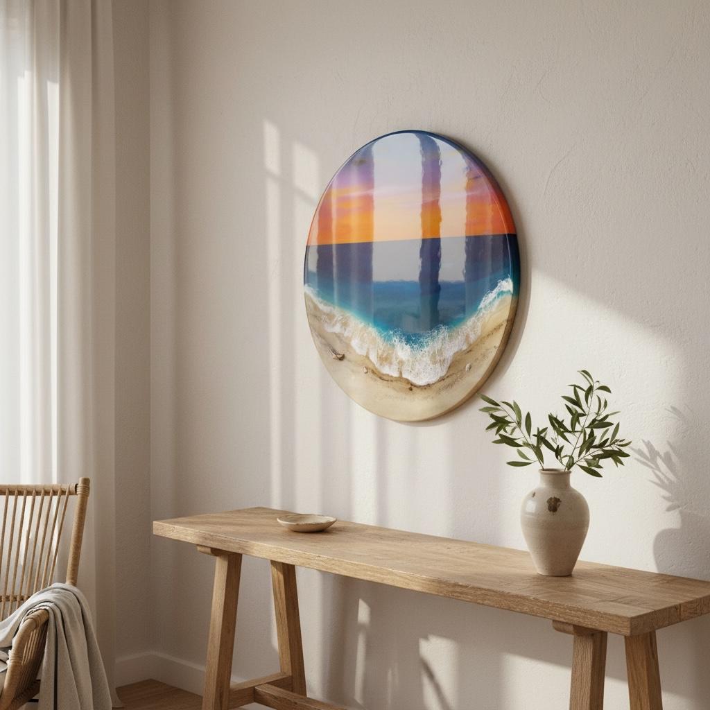 Small Sunset Ocean Resin Wall Art Round – Handmade Coastal Decor – 3D Beach Artwork – Epoxy Wave Gift 40CM