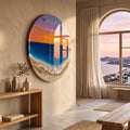 Extra Large Sunset Ocean Resin Wall Art – Hand Painted Sky & Epoxy Waves – XL Round Coastal Statement Piece – Luxury Beach House Decor