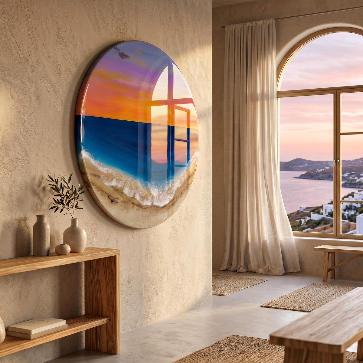 Extra Large Sunset Ocean Resin Wall Art – Hand Painted Sky & Epoxy Waves – XL Round Coastal Statement Piece – Luxury Beach House Decor
