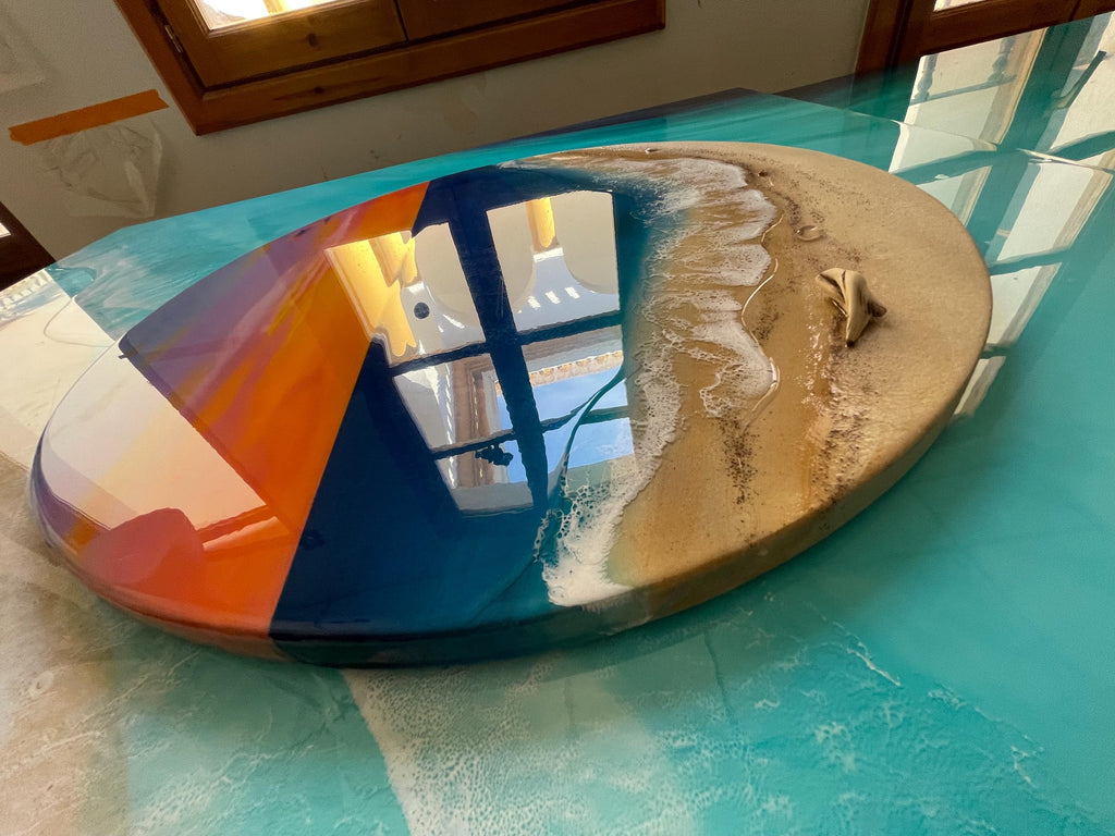 Extra Large Sunset Ocean Resin Wall Art – Hand Painted Sky & Epoxy Waves – XL Round Coastal Statement Piece – Luxury Beach House Decor