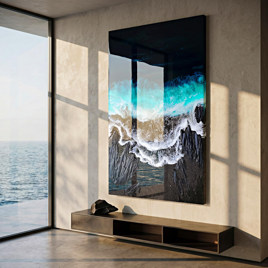Black Sand Ocean Resin Art – Dramatic Wave Wall Art – Modern Coastal Painting – Textured Epoxy Ocean Artwork – Large Statement Wall Decor