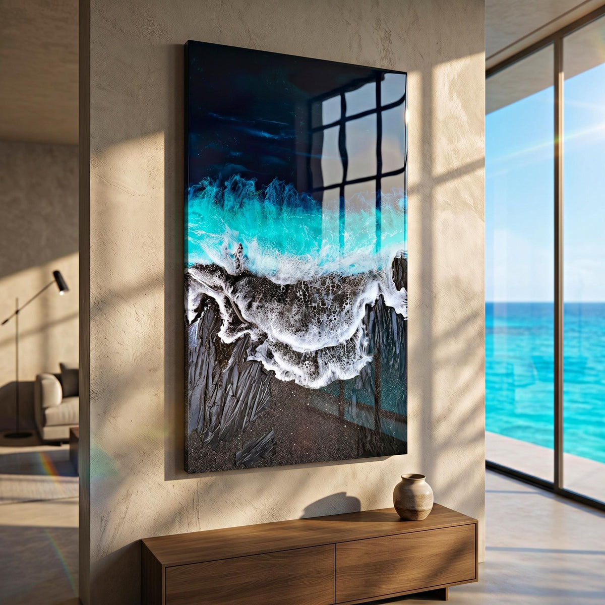 Black Sand Ocean Resin Art – Dramatic Wave Wall Art – Modern Coastal Painting – Textured Epoxy Ocean Artwork – Large Statement Wall Decor