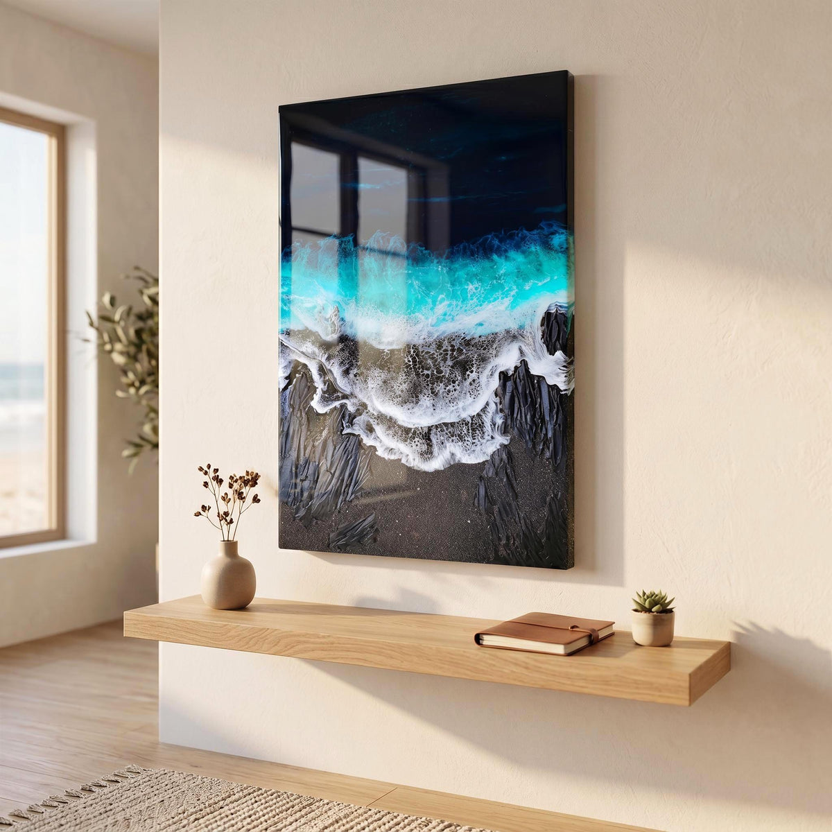 Black Sand Ocean Resin Art – Dramatic Wave Wall Art – Modern Coastal Painting – Textured Epoxy Ocean Artwork – Large Statement Wall Decor