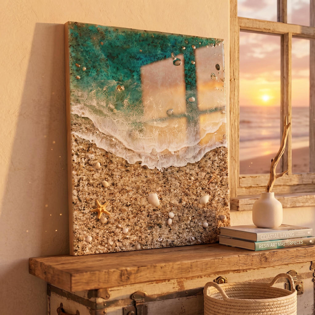 Playa de los Muertos Resin Ocean Art – Real Sand & Shell Beach Wall Art – Large Handmade Coastal Artwork – Textured Epoxy Sea Painting