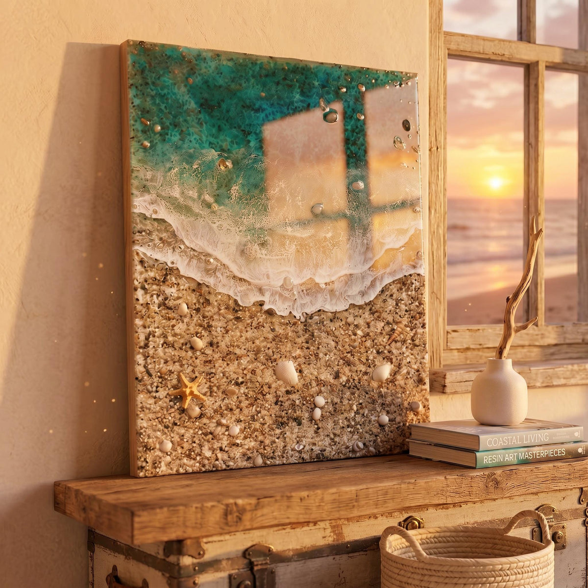 Playa de los Muertos Resin Ocean Art – Real Sand & Shell Beach Wall Art – Handmade Coastal Artwork – Textured Epoxy Sea Painting