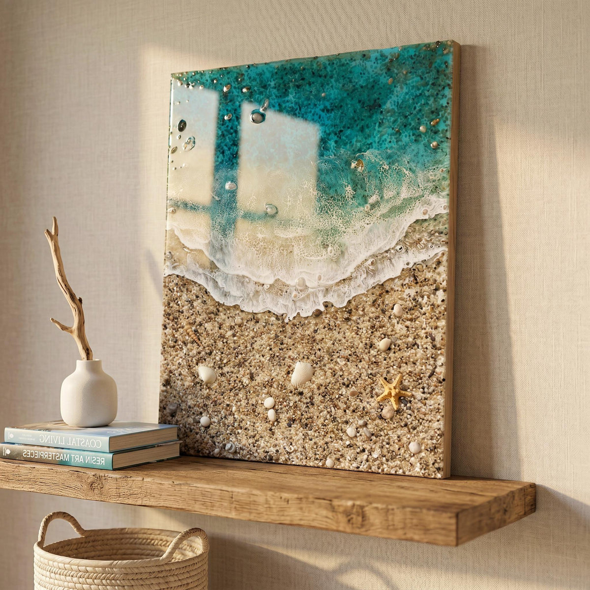 Playa de los Muertos Resin Ocean Art – Real Sand & Shell Beach Wall Art – Large Handmade Coastal Artwork – Textured Epoxy Sea Painting