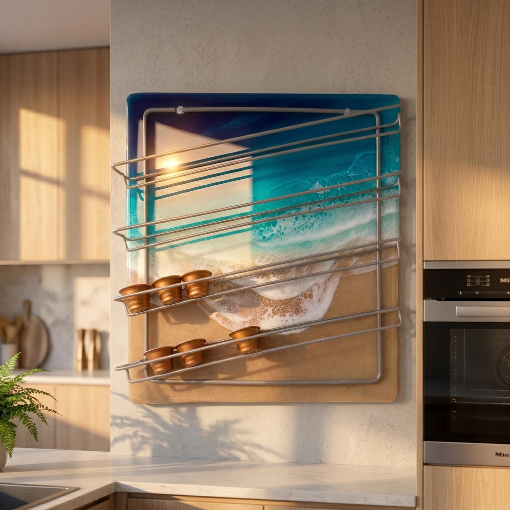 Luxury Resin Coffee Pod Holder | Ocean Wave Capsule Rack | Coastal Kitchen Wall Decor | Handmade Beach Art Storage | Functional Art