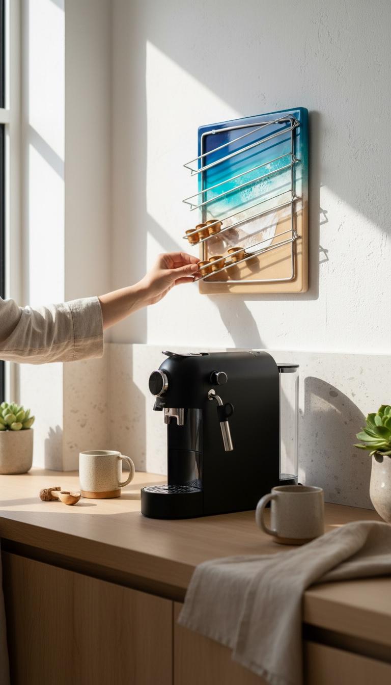 Luxury Resin Coffee Pod Holder | Ocean Wave Capsule Rack | Coastal Kitchen Wall Decor | Handmade Beach Art Storage | Functional Art