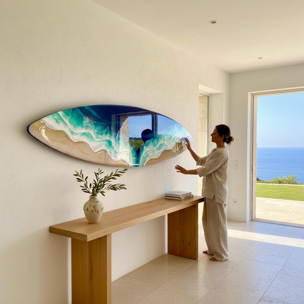 100cm Resin Ocean Surfboard Wall Art | Luxury Coastal Wall Decor | Handmade Beach House Artwork | Real Sand & Resin Waves | Made in Spain