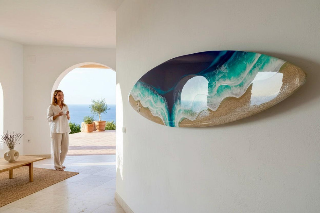 120cm Resin Ocean Surfboard Wall Art | Luxury Coastal Wall Decor | Handmade Beach House Artwork | Real Sand & Resin Waves | Made in Spain