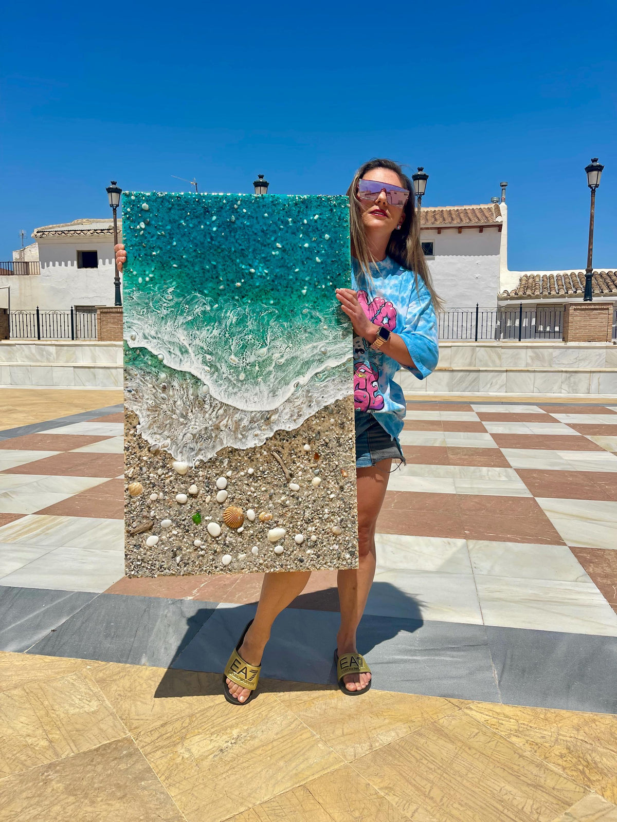 Playa de los Muertos Resin Ocean Art – Real Sand & Shell Beach Wall Art – Large Handmade Coastal Artwork – Textured Epoxy Sea Painting