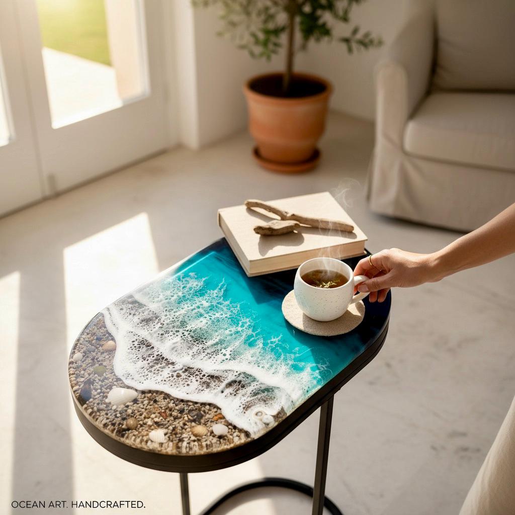 Handmade Resin Ocean Side Table – 3D Coastal Art Table, Epoxy Wave Table, Beach House Decor, Luxury Ocean Furniture, Unique Statement Piece