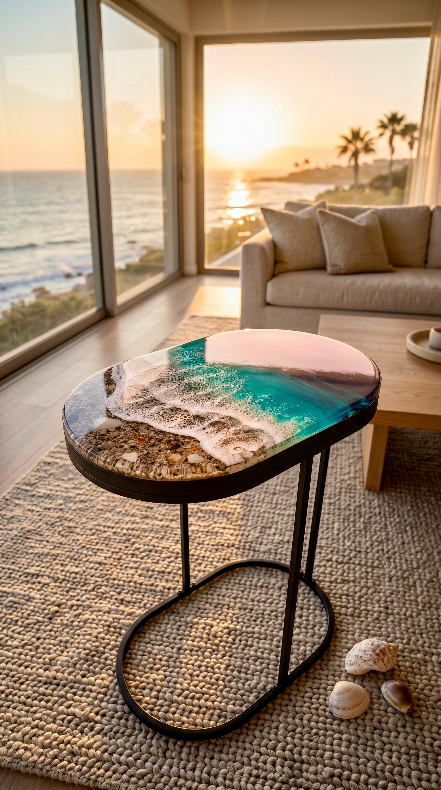 Handmade Resin Ocean Side Table – 3D Coastal Art Table, Epoxy Wave Table, Beach House Decor, Luxury Ocean Furniture, Unique Statement Piece