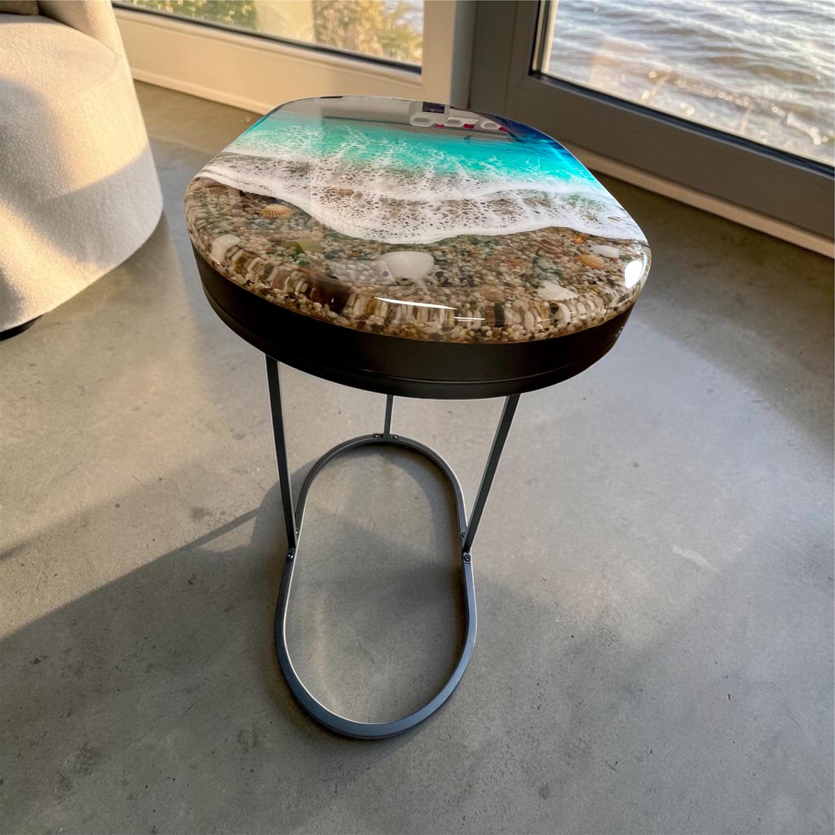 Handmade Resin Ocean Side Table – 3D Coastal Art Table, Epoxy Wave Table, Beach House Decor, Luxury Ocean Furniture, Unique Statement Piece