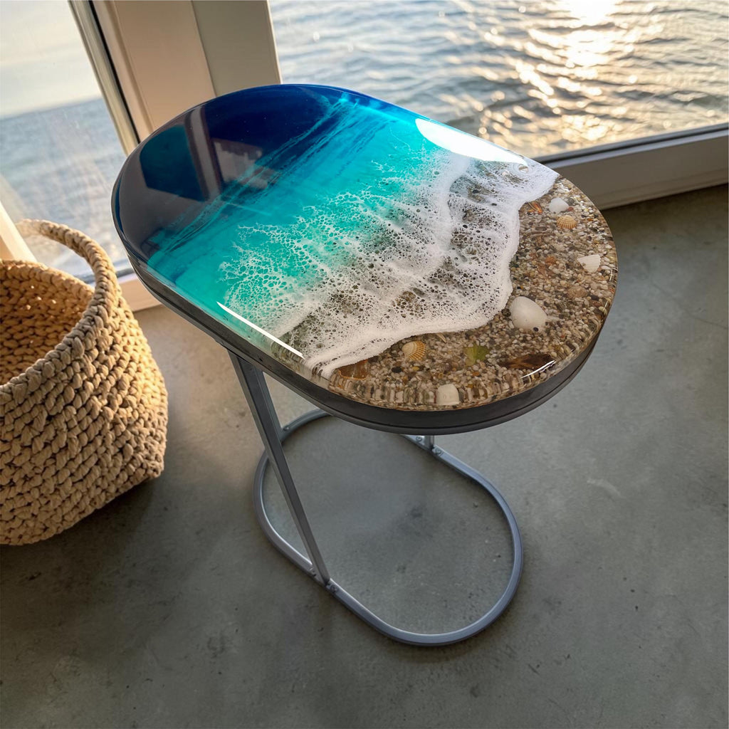 Handmade Resin Ocean Side Table – 3D Coastal Art Table, Epoxy Wave Table, Beach House Decor, Luxury Ocean Furniture, Unique Statement Piece