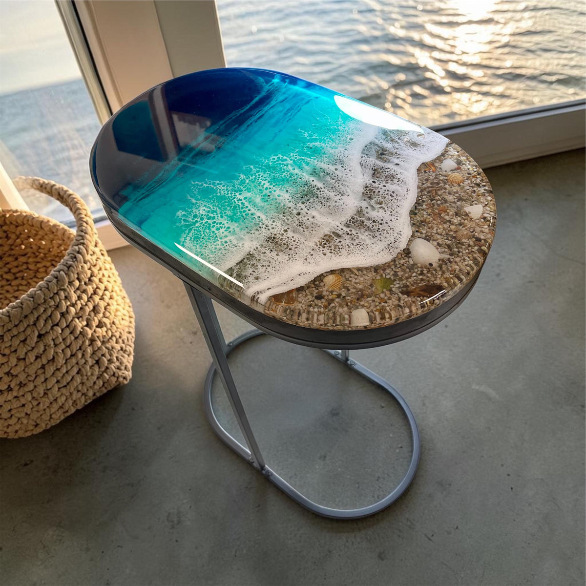 Handmade Resin Ocean Side Table – 3D Coastal Art Table, Epoxy Wave Table, Beach House Decor, Luxury Ocean Furniture, Unique Statement Piece