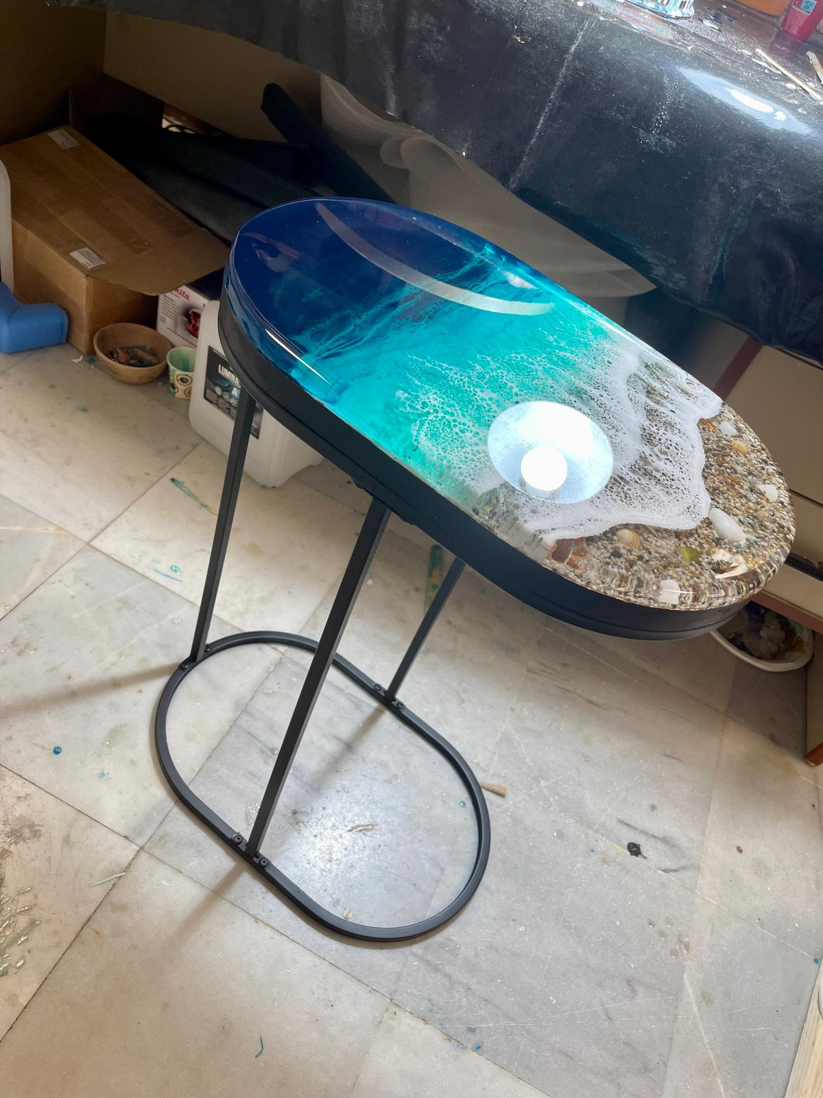 Handmade Resin Ocean Side Table – 3D Coastal Art Table, Epoxy Wave Table, Beach House Decor, Luxury Ocean Furniture, Unique Statement Piece