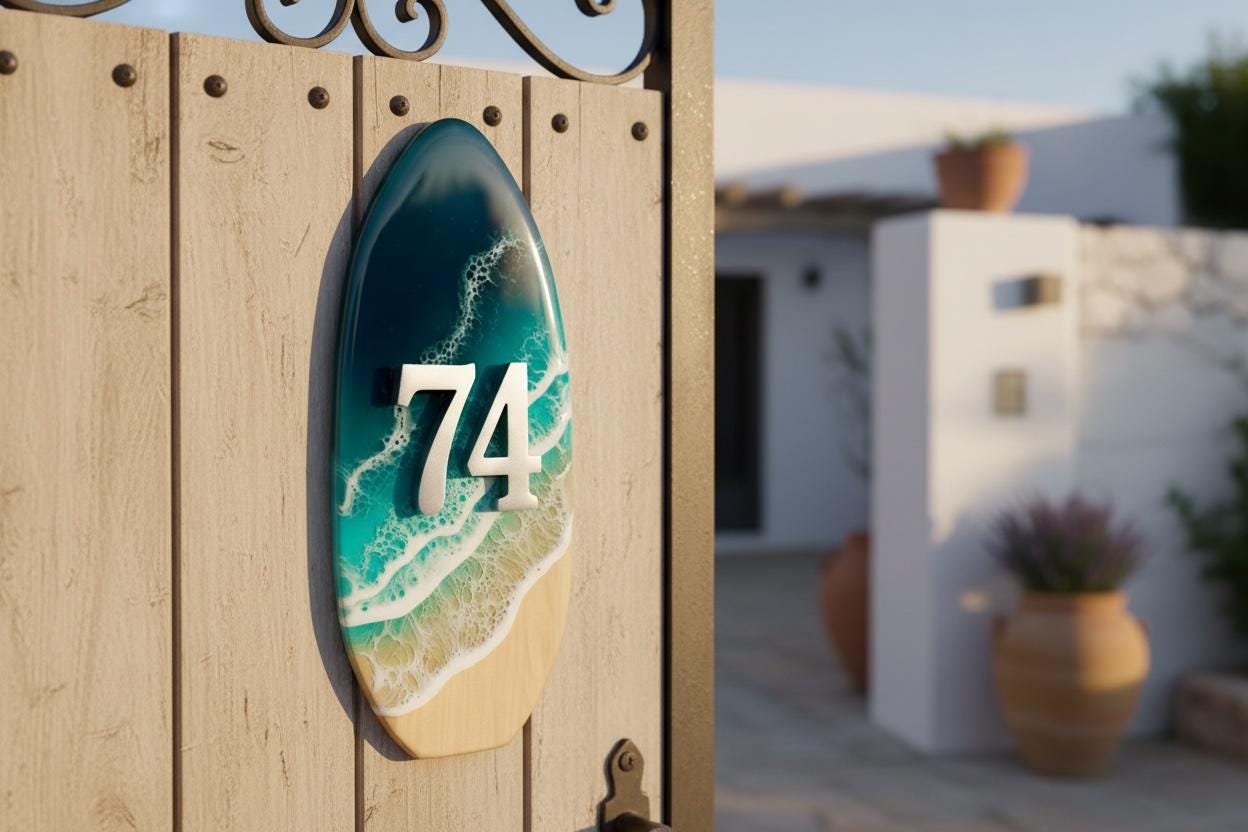Vertical House Number Sign – Coastal Resin Address Plaque – Modern Ocean Door Numbers – Minimal Outdoor House Sign – Handmade Decor