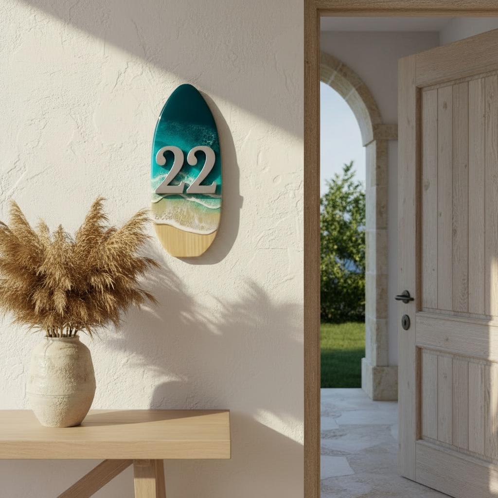 Vertical House Number Sign – Coastal Resin Address Plaque – Modern Ocean Door Numbers – Minimal Outdoor House Sign – Handmade Decor