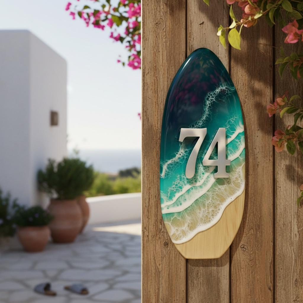Vertical House Number Sign – Coastal Resin Address Plaque – Modern Ocean Door Numbers – Minimal Outdoor House Sign – Handmade Decor