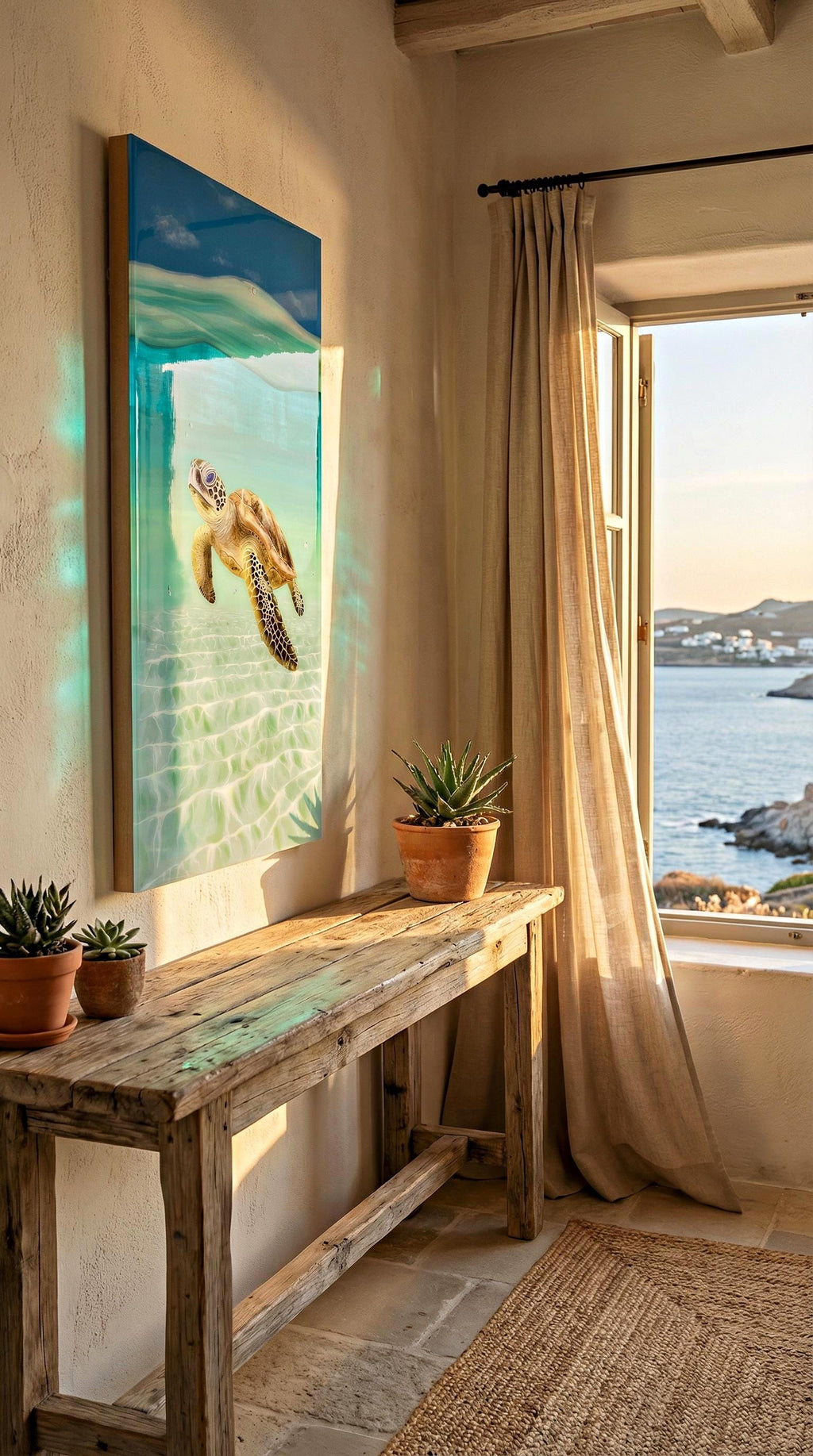 Large Sea Turtle Resin Painting: Coastal Ocean Art with Rope Frame (120x60cm), Ready to Ship
