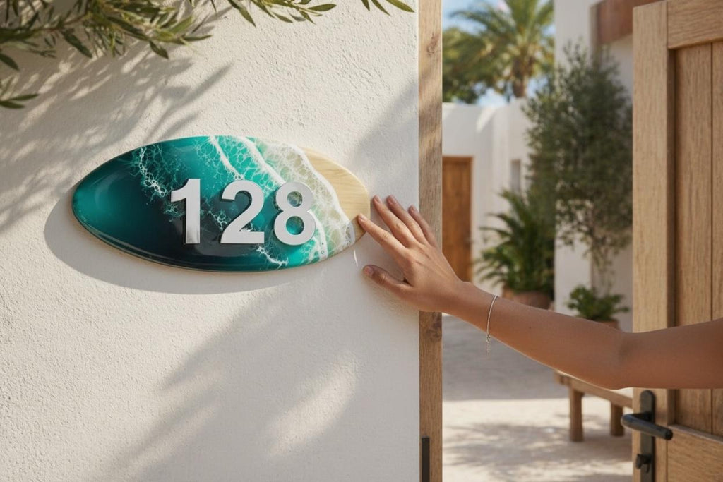 Coastal House Number Sign – Resin Ocean Address Plaque – Modern Beach House Sign – Horizontal Surfboard House Numbers – Luxury Outdoor Decor