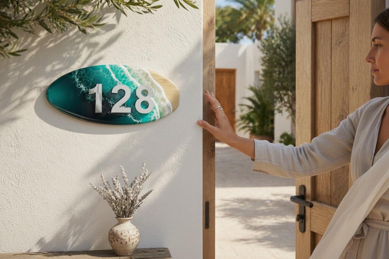 Coastal House Number Sign – Resin Ocean Address Plaque – Modern Beach House Sign – Horizontal Surfboard House Numbers – Luxury Outdoor Decor