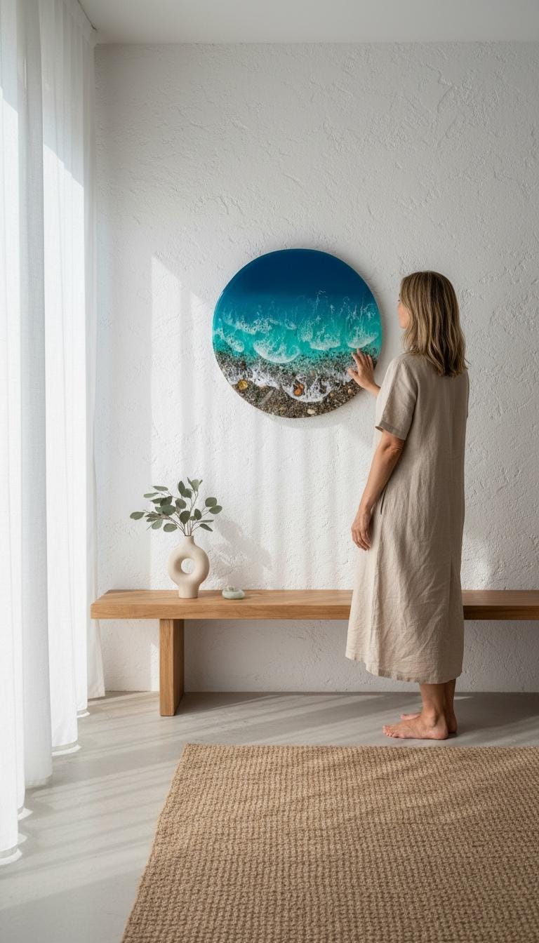 Large Ocean Resin Wall Art 60cm | 3D Coastal Statement Piece with Real Pebbles | Luxury Handmade Sea Artwork | Round Beach Wall Decor